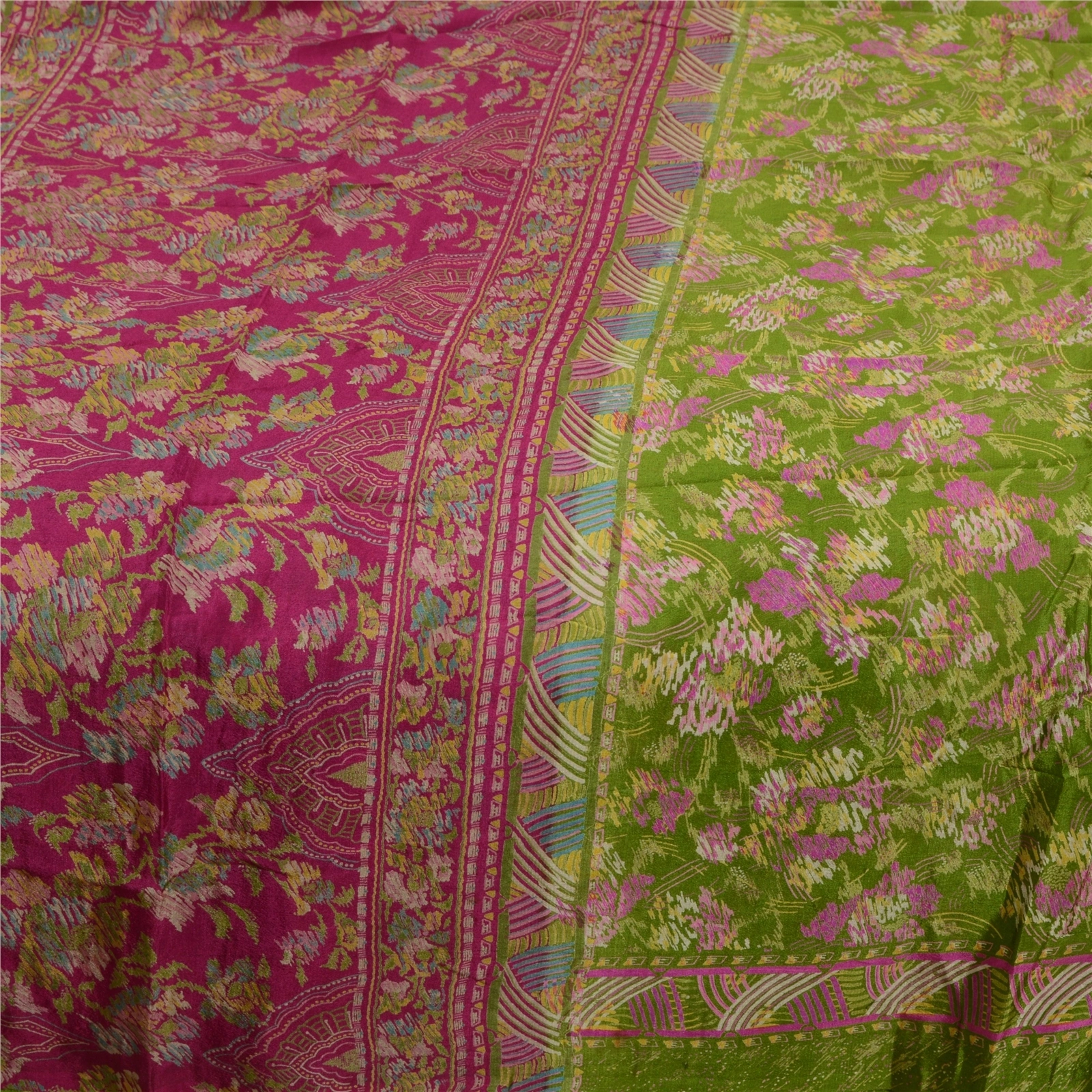 Sanskriti Vintage Sarees Green Indian Pure Silk Printed Sari Floral Craft Fabric, PR-63994-Green-Pure Silk-4