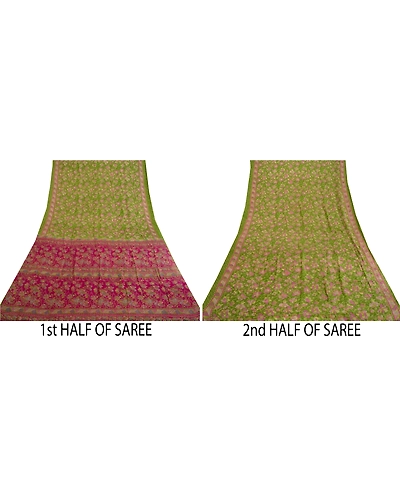 Sanskriti Vintage Sarees Green Indian Pure Silk Printed Sari Floral Craft Fabric, PR-63994-Green-Pure Silk-5