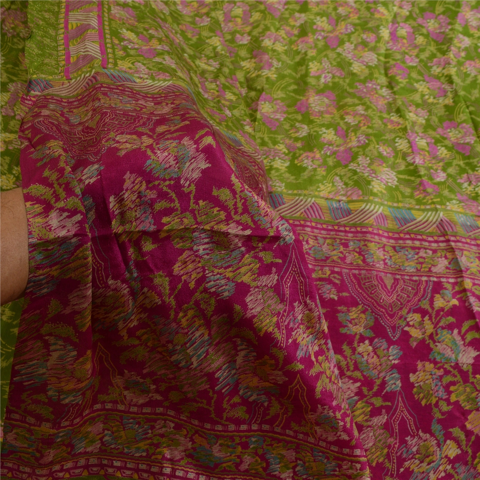 Sanskriti Vintage Sarees Green Indian Pure Silk Printed Sari Floral Craft Fabric, PR-63994-Green-Pure Silk-6