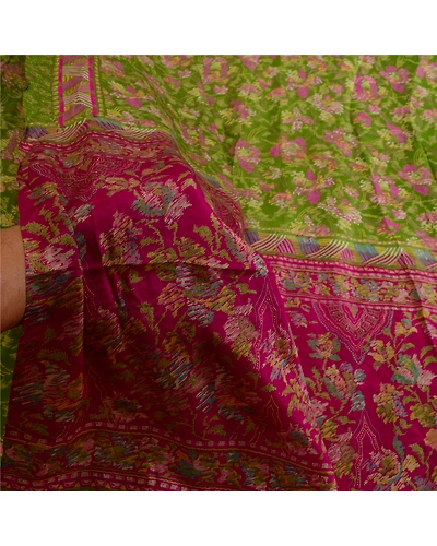 Sanskriti Vintage Sarees Green Indian Pure Silk Printed Sari Floral Craft Fabric, PR-63994-Green-Pure Silk-6