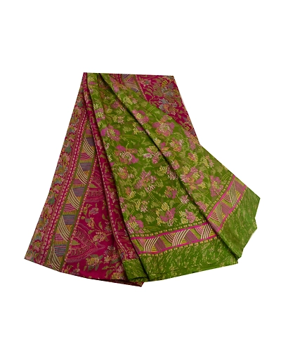 Sanskriti Vintage Sarees Green Indian Pure Silk Printed Sari Floral Craft Fabric, PR-63994-Green-Pure Silk-7