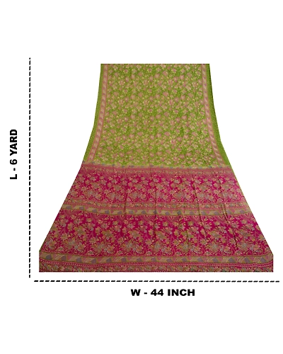 Sanskriti Vintage Sarees Green Indian Pure Silk Printed Sari Floral Craft Fabric, PR-63994-Green-Pure Silk-9