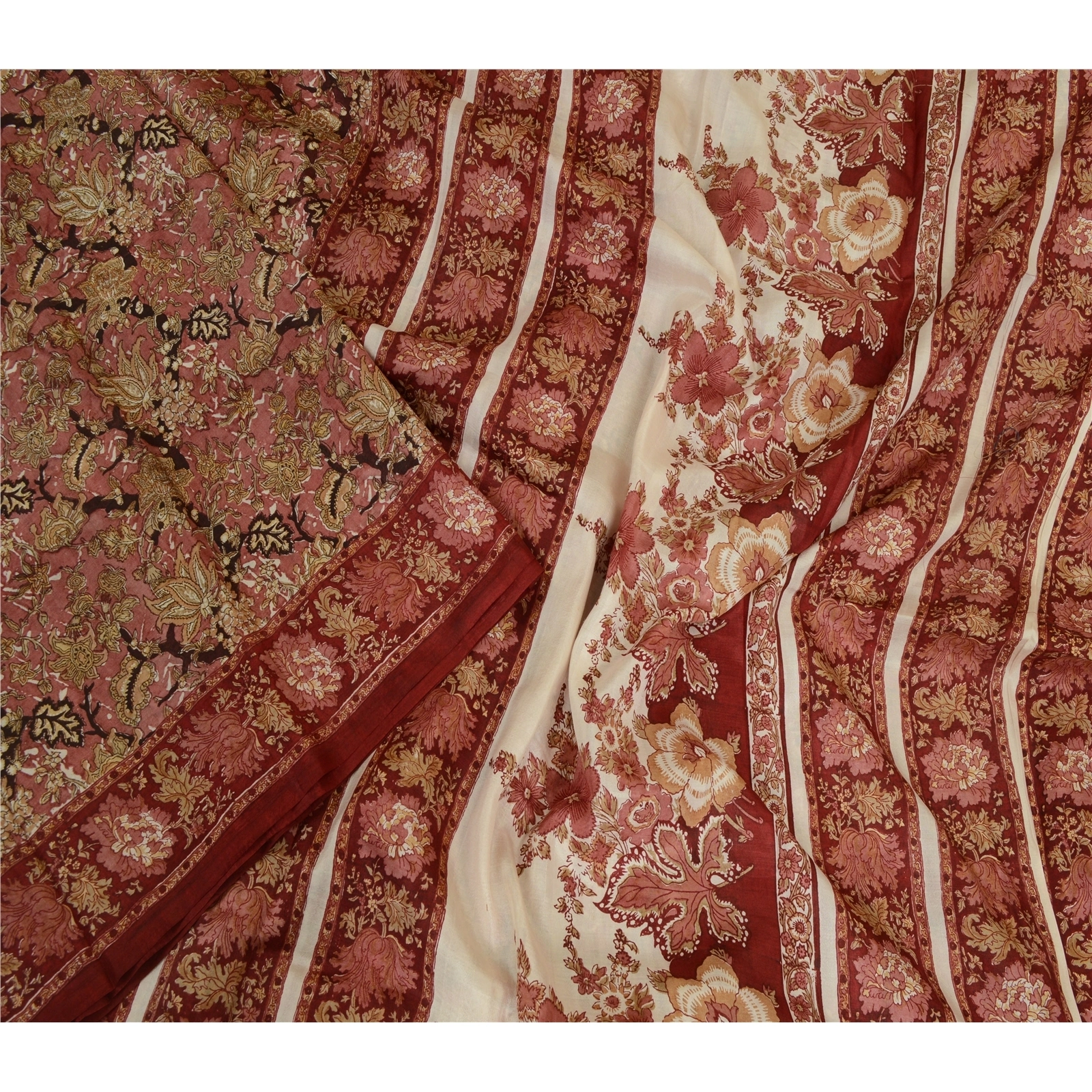 Sanskriti Vintage Sarees Red Indian 100% Pure Silk Printed Sari 5Yd Craft Fabric, PR-64000-Red-Pure Silk-1