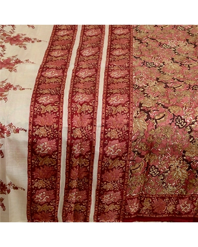 Sanskriti Vintage Sarees Red Indian 100% Pure Silk Printed Sari 5Yd Craft Fabric, PR-64000-Red-Pure Silk-3
