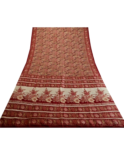 Sanskriti Vintage Sarees Red Indian 100% Pure Silk Printed Sari 5Yd Craft Fabric, PR-64000-Red-Pure Silk-7