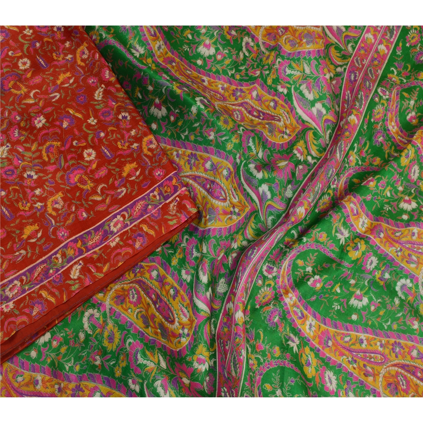 Sanskriti Vintage Sarees Red Indian 100% Pure Silk Printed Sari 5Yd Craft Fabric, PR-64002-Red-Pure Silk-1