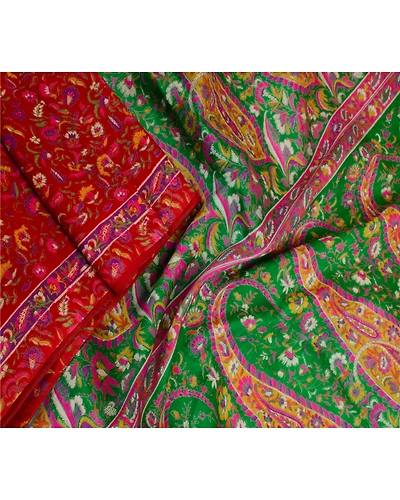 Sanskriti Vintage Sarees Red Indian 100% Pure Silk Printed Sari 5Yd Craft Fabric, PR-64002-Red-Pure Silk-2