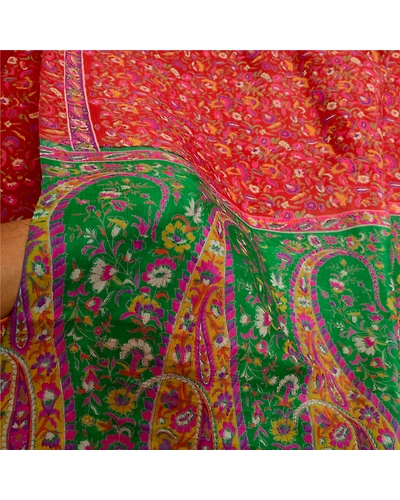 Sanskriti Vintage Sarees Red Indian 100% Pure Silk Printed Sari 5Yd Craft Fabric, PR-64002-Red-Pure Silk-5
