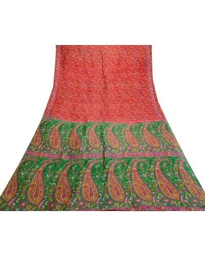 Sanskriti Vintage Sarees Red Indian 100% Pure Silk Printed Sari 5Yd Craft Fabric, PR-64002-Red-Pure Silk-8