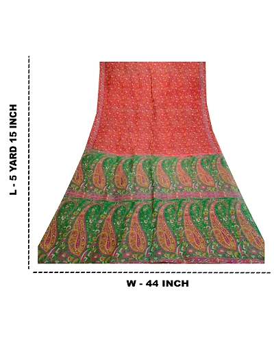 Sanskriti Vintage Sarees Red Indian 100% Pure Silk Printed Sari 5Yd Craft Fabric, PR-64002-Red-Pure Silk-9