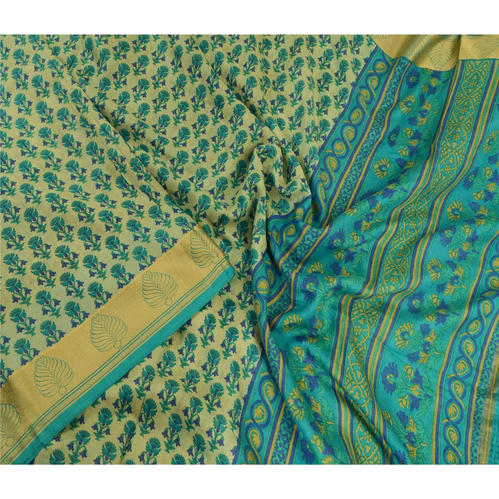 Sanskriti Vintage Sarees From India Blue Printed Pure Silk Sari 5Yd Craft Fabric, PR-64007-Blue-Pure Silk-1