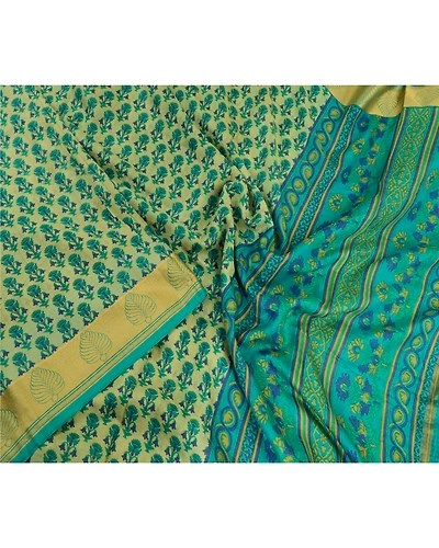 Sanskriti Vintage Sarees From India Blue Printed Pure Silk Sari 5Yd Craft Fabric, PR-64007-Blue-Pure Silk-1