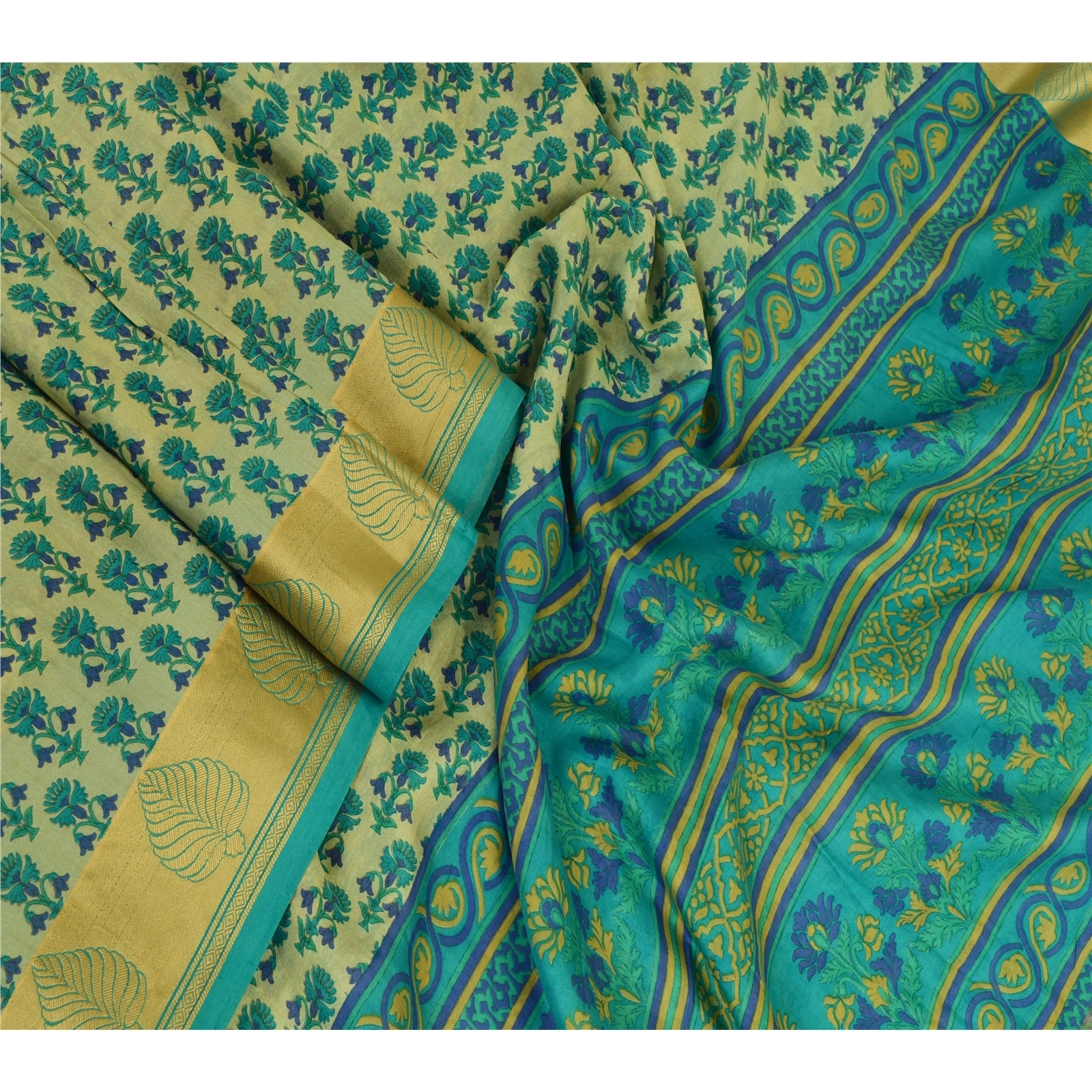 Sanskriti Vintage Sarees From India Blue Printed Pure Silk Sari 5Yd Craft Fabric, PR-64007-Blue-Pure Silk-2