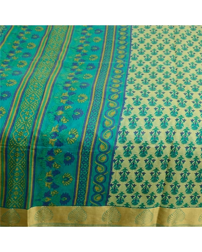 Sanskriti Vintage Sarees From India Blue Printed Pure Silk Sari 5Yd Craft Fabric, PR-64007-Blue-Pure Silk-3