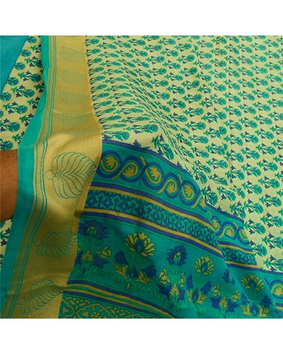Sanskriti Vintage Sarees From India Blue Printed Pure Silk Sari 5Yd Craft Fabric, PR-64007-Blue-Pure Silk-5