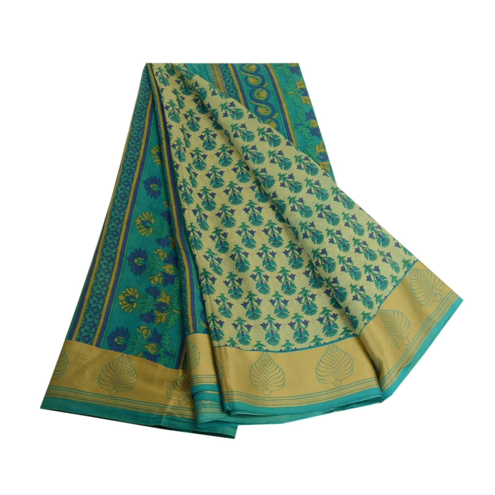 Sanskriti Vintage Sarees From India Blue Printed Pure Silk Sari 5Yd Craft Fabric, PR-64007-Blue-Pure Silk-6