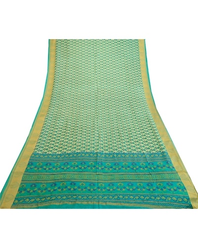 Sanskriti Vintage Sarees From India Blue Printed Pure Silk Sari 5Yd Craft Fabric, PR-64007-Blue-Pure Silk-7