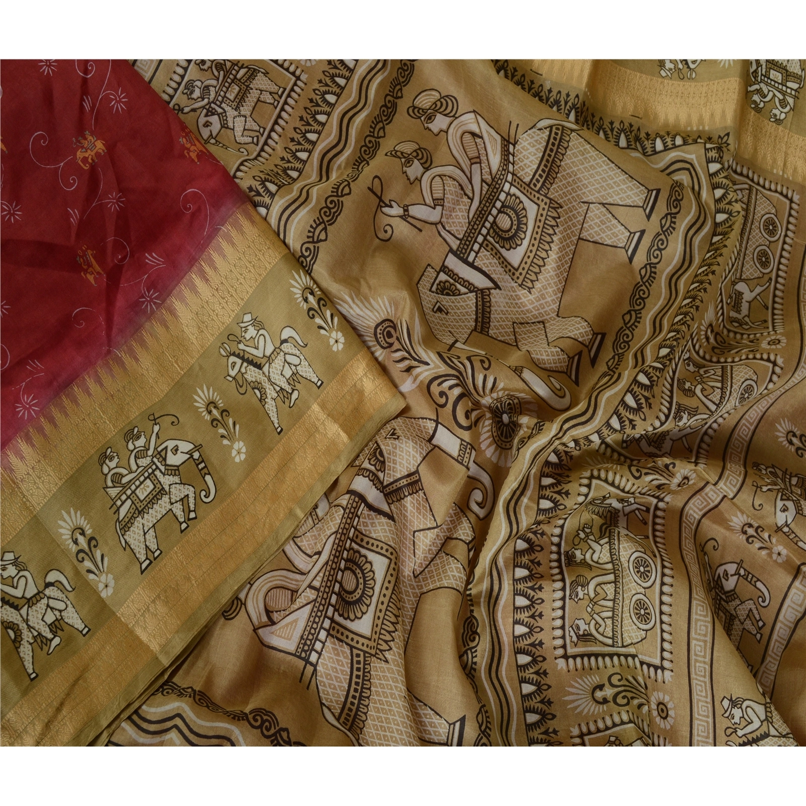 Sanskriti Vintage Sarees Red Animal Human Printed Pure Silk Sari Craft Fabric, PR-64008-Dark Red-Pure Silk-1