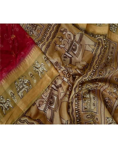 Sanskriti Vintage Sarees Red Animal Human Printed Pure Silk Sari Craft Fabric, PR-64008-Dark Red-Pure Silk-1