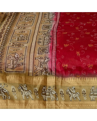 Sanskriti Vintage Sarees Red Animal Human Printed Pure Silk Sari Craft Fabric, PR-64008-Dark Red-Pure Silk-3