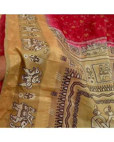 Sanskriti Vintage Sarees Red Animal Human Printed Pure Silk Sari Craft Fabric, PR-64008-Dark Red-Pure Silk-5