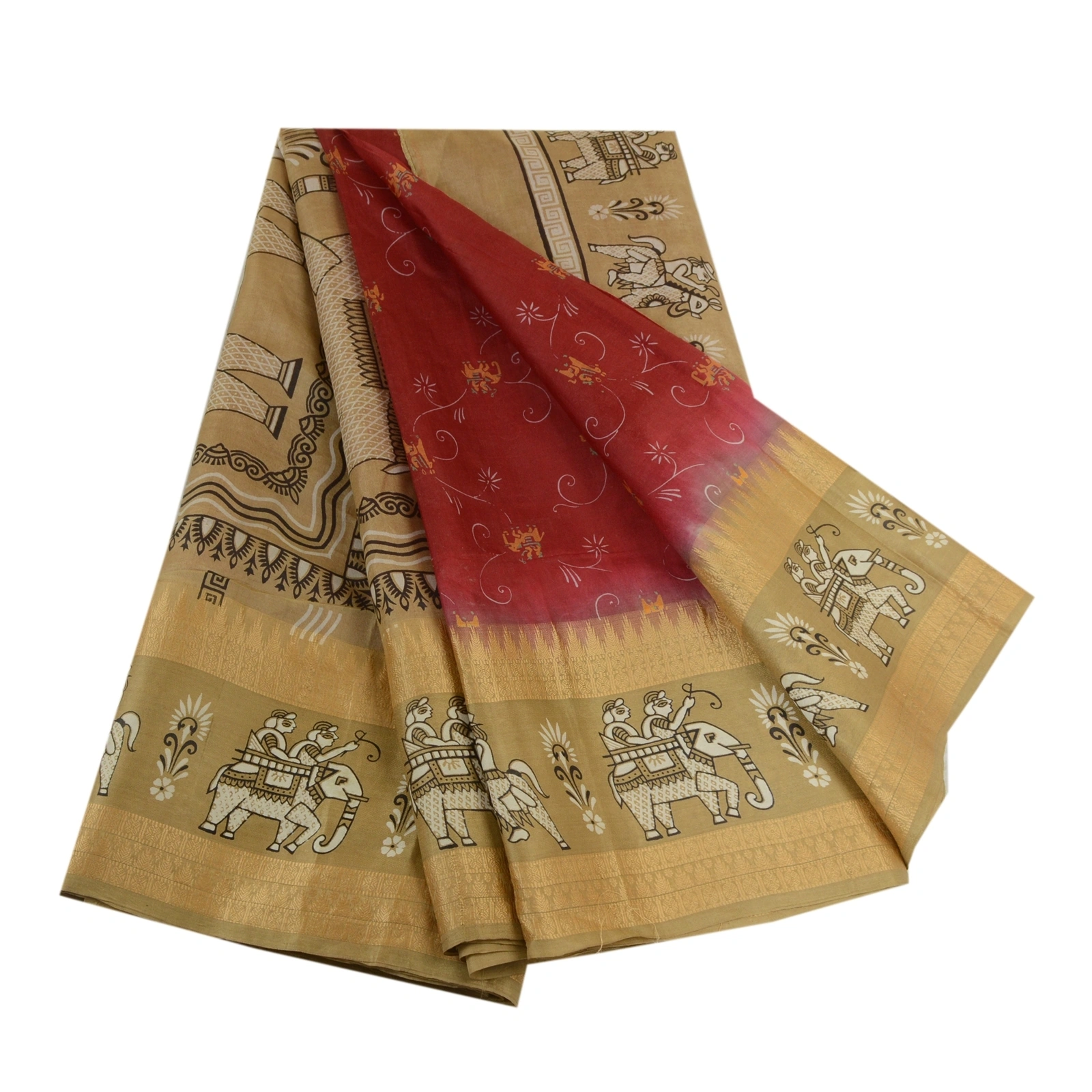 Sanskriti Vintage Sarees Red Animal Human Printed Pure Silk Sari Craft Fabric, PR-64008-Dark Red-Pure Silk-6