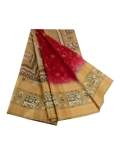 Sanskriti Vintage Sarees Red Animal Human Printed Pure Silk Sari Craft Fabric, PR-64008-Dark Red-Pure Silk-6