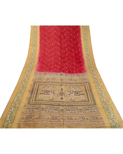 Sanskriti Vintage Sarees Red Animal Human Printed Pure Silk Sari Craft Fabric, PR-64008-Dark Red-Pure Silk-7