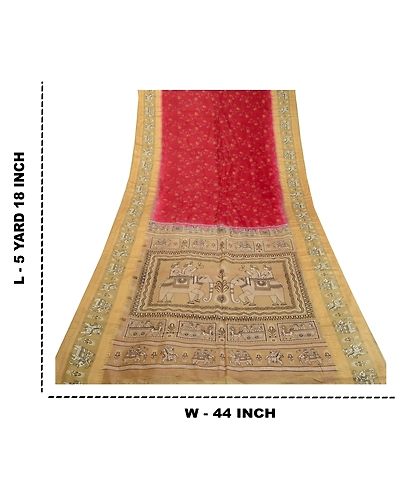 Sanskriti Vintage Sarees Red Animal Human Printed Pure Silk Sari Craft Fabric, PR-64008-Dark Red-Pure Silk-8