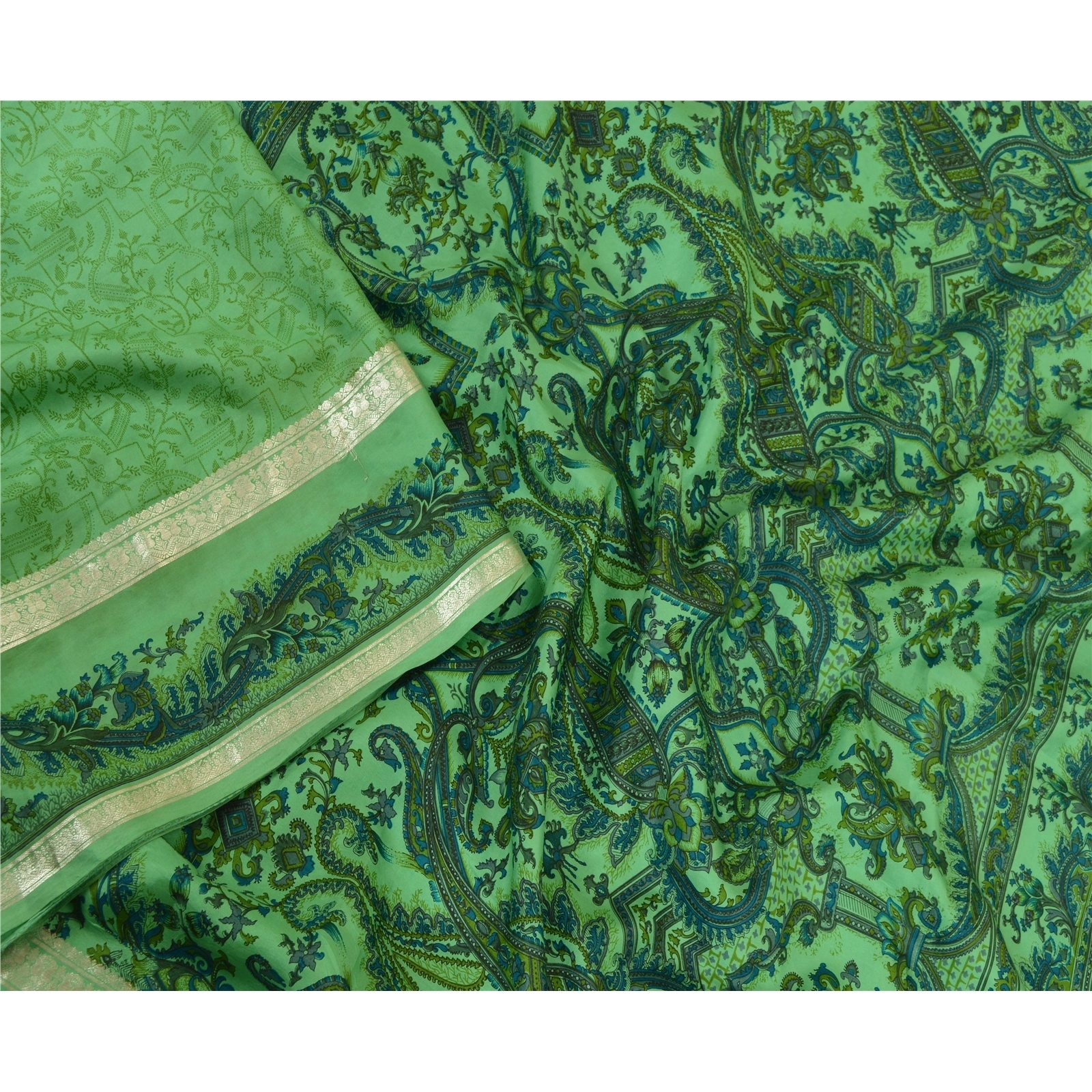 Sanskriti Vintage Sarees Green Zari Border Pure Silk Printed Sari Craft Fabric, PR-64010-Green-Pure Silk-2