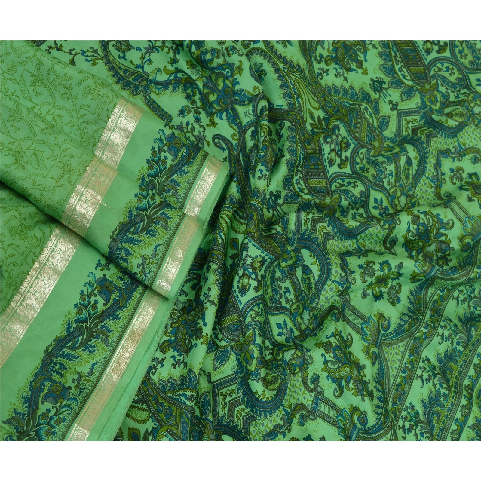 Sanskriti Vintage Sarees Green Zari Border Pure Silk Printed Sari Craft Fabric, PR-64010-Green-Pure Silk-3