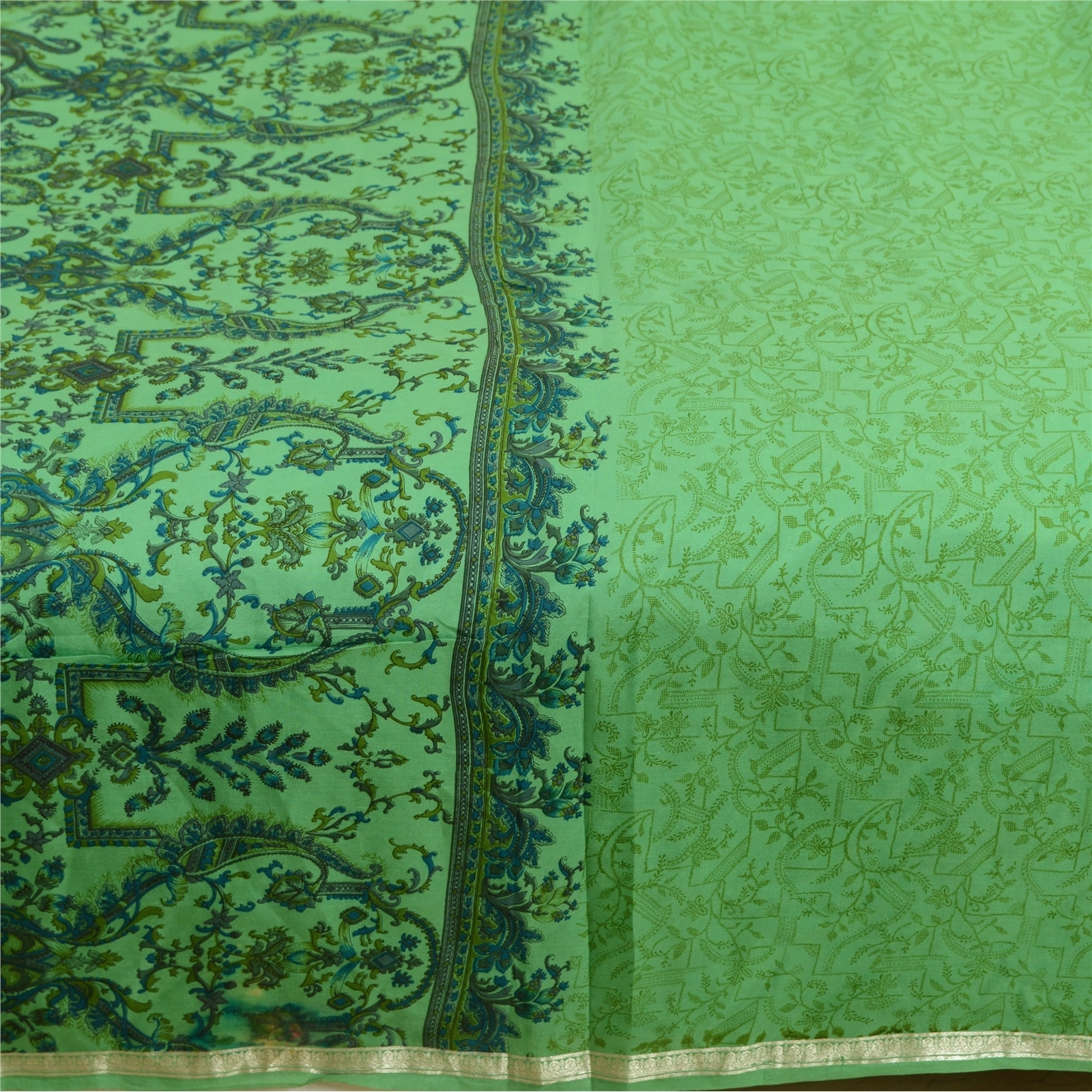 Sanskriti Vintage Sarees Green Zari Border Pure Silk Printed Sari Craft Fabric, PR-64010-Green-Pure Silk-4