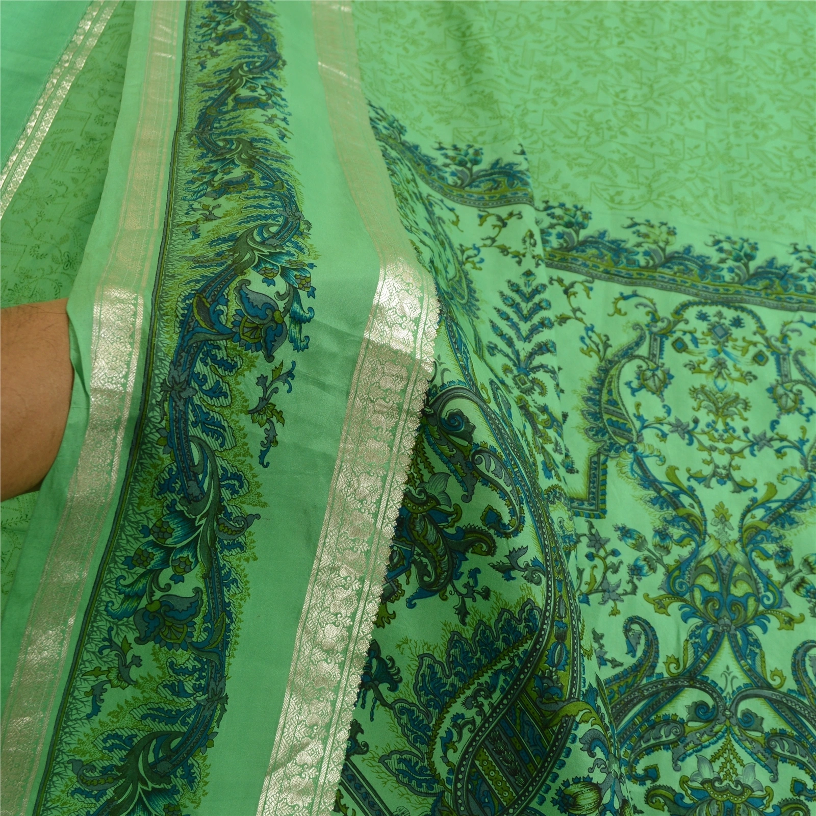 Sanskriti Vintage Sarees Green Zari Border Pure Silk Printed Sari Craft Fabric, PR-64010-Green-Pure Silk-6