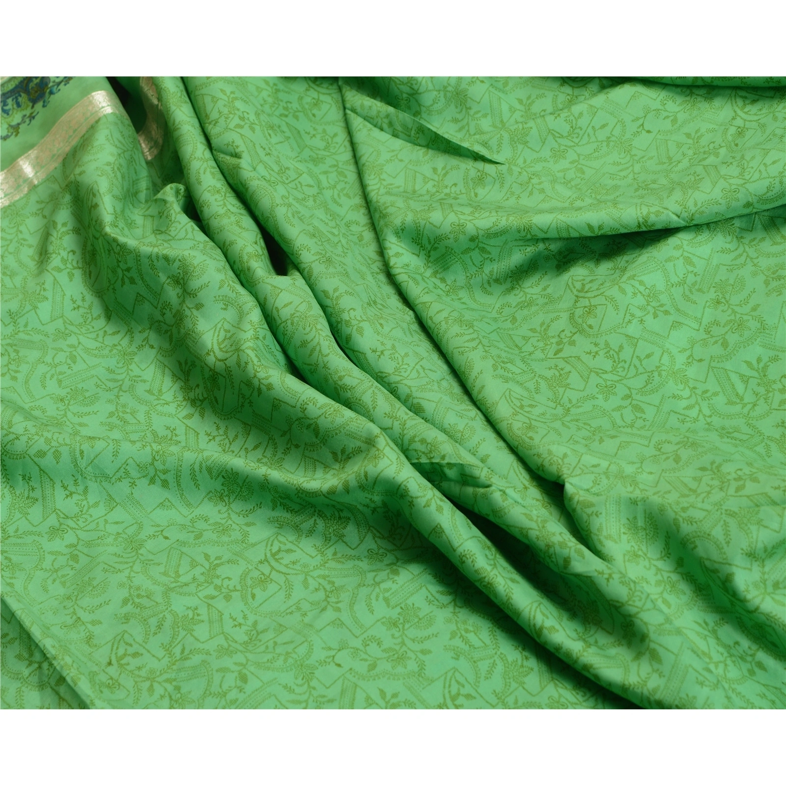 Sanskriti Vintage Sarees Green Zari Border Pure Silk Printed Sari Craft Fabric, PR-64010-Green-Pure Silk-7