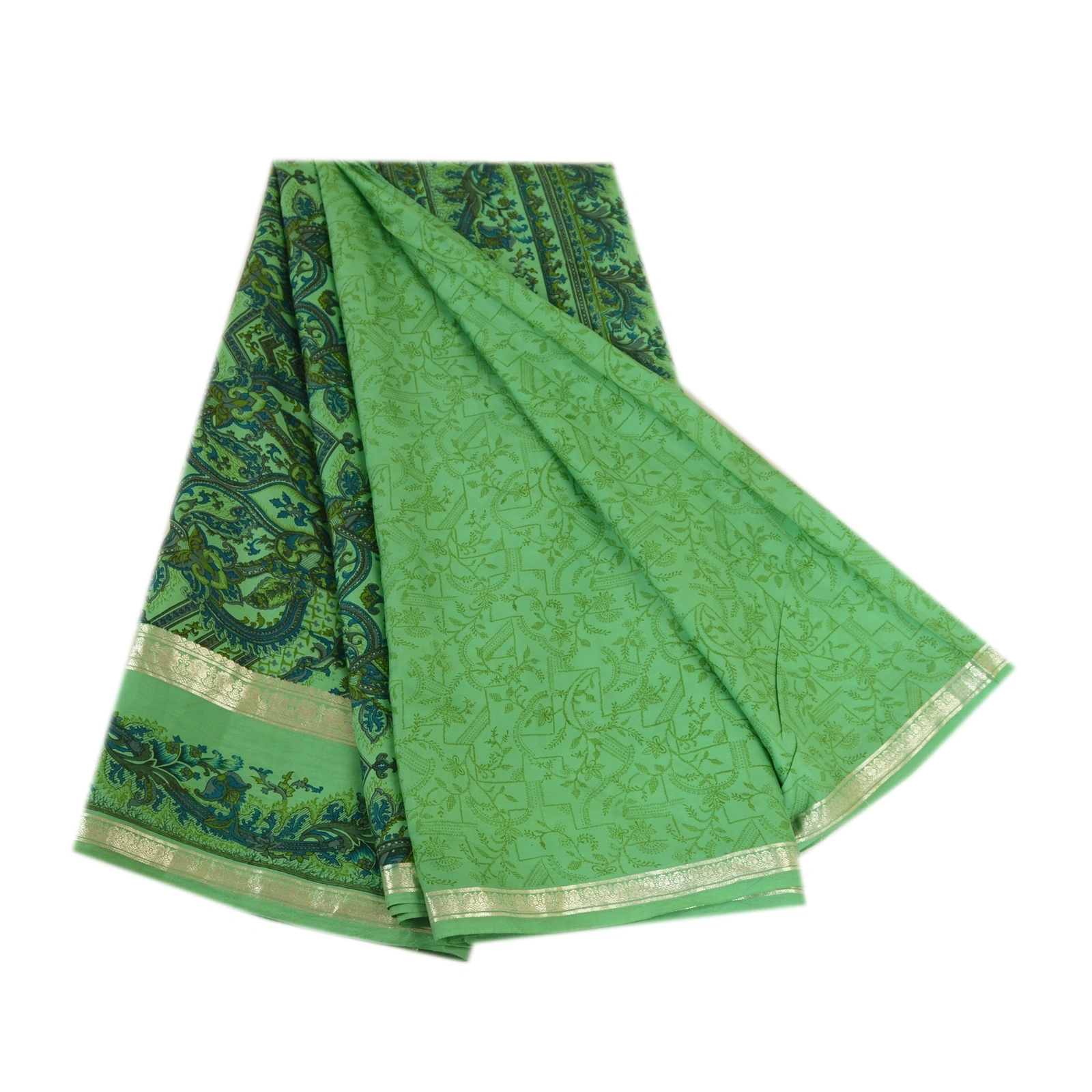 Sanskriti Vintage Sarees Green Zari Border Pure Silk Printed Sari Craft Fabric, PR-64010-Green-Pure Silk-8