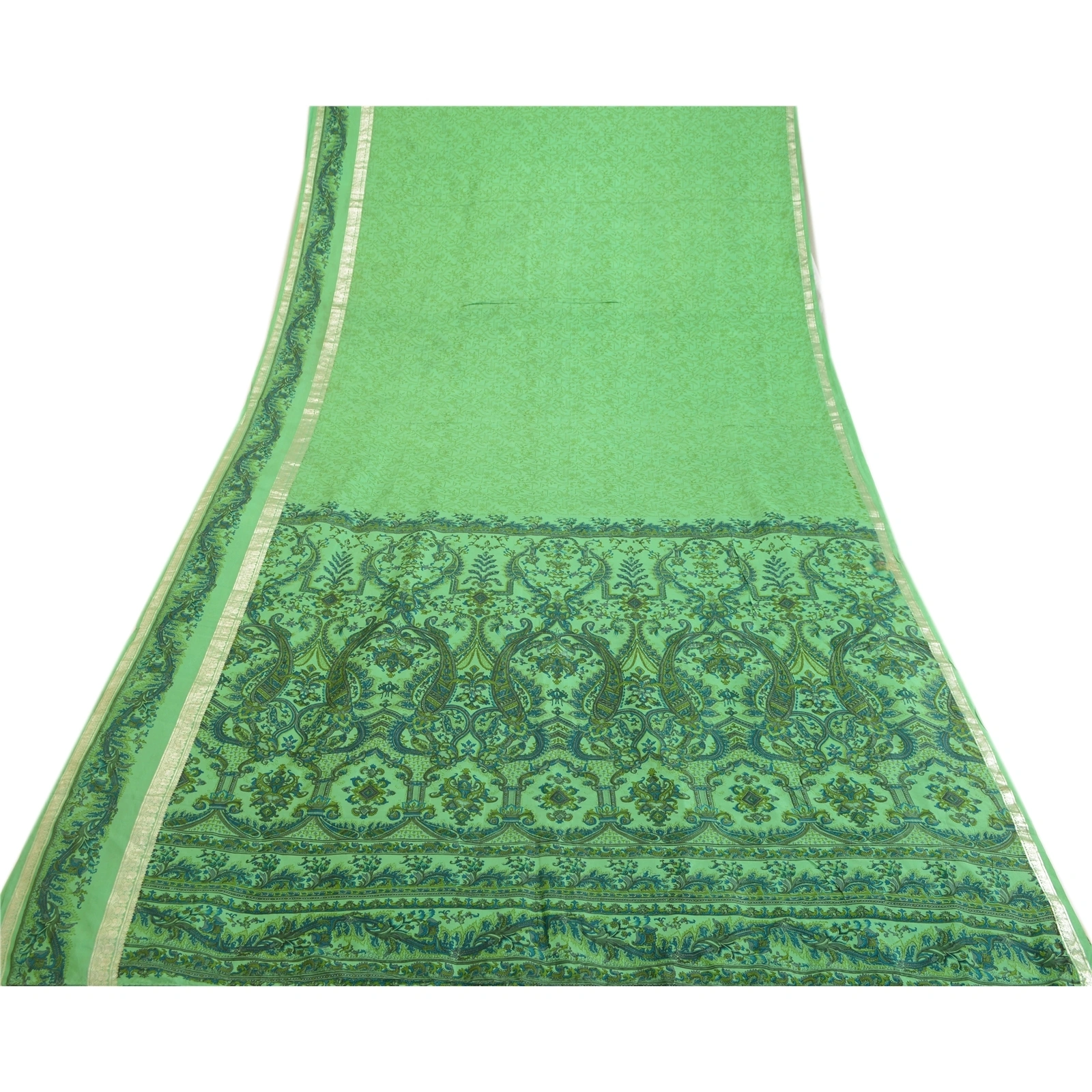 Sanskriti Vintage Sarees Green Zari Border Pure Silk Printed Sari Craft Fabric, PR-64010-Green-Pure Silk-9