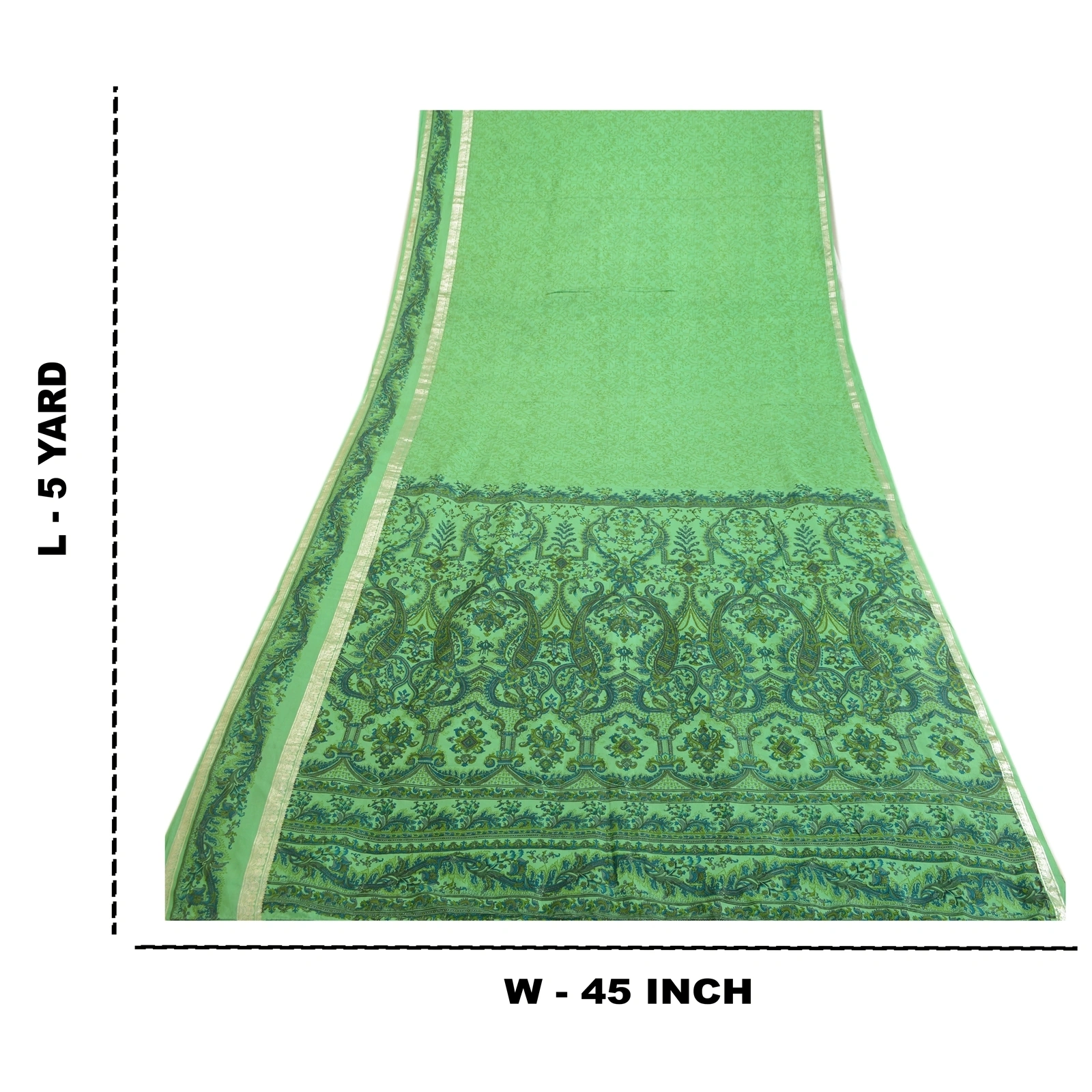 Sanskriti Vintage Sarees Green Zari Border Pure Silk Printed Sari Craft Fabric, PR-64010-Green-Pure Silk-10