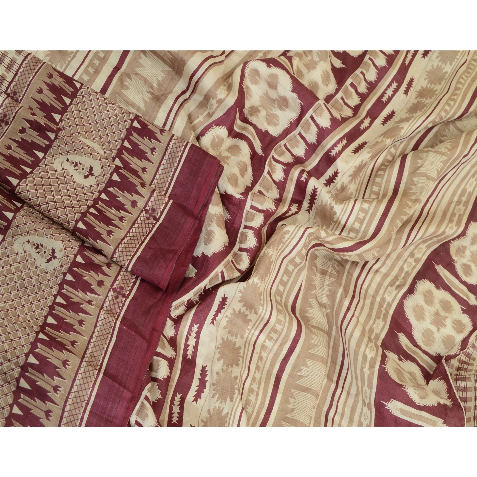 Sanskriti Vintage Sarees Indian Ivory Printed Pure Silk Sari Soft Craft Fabric, PR-64016-Ivory-Pure Silk-2