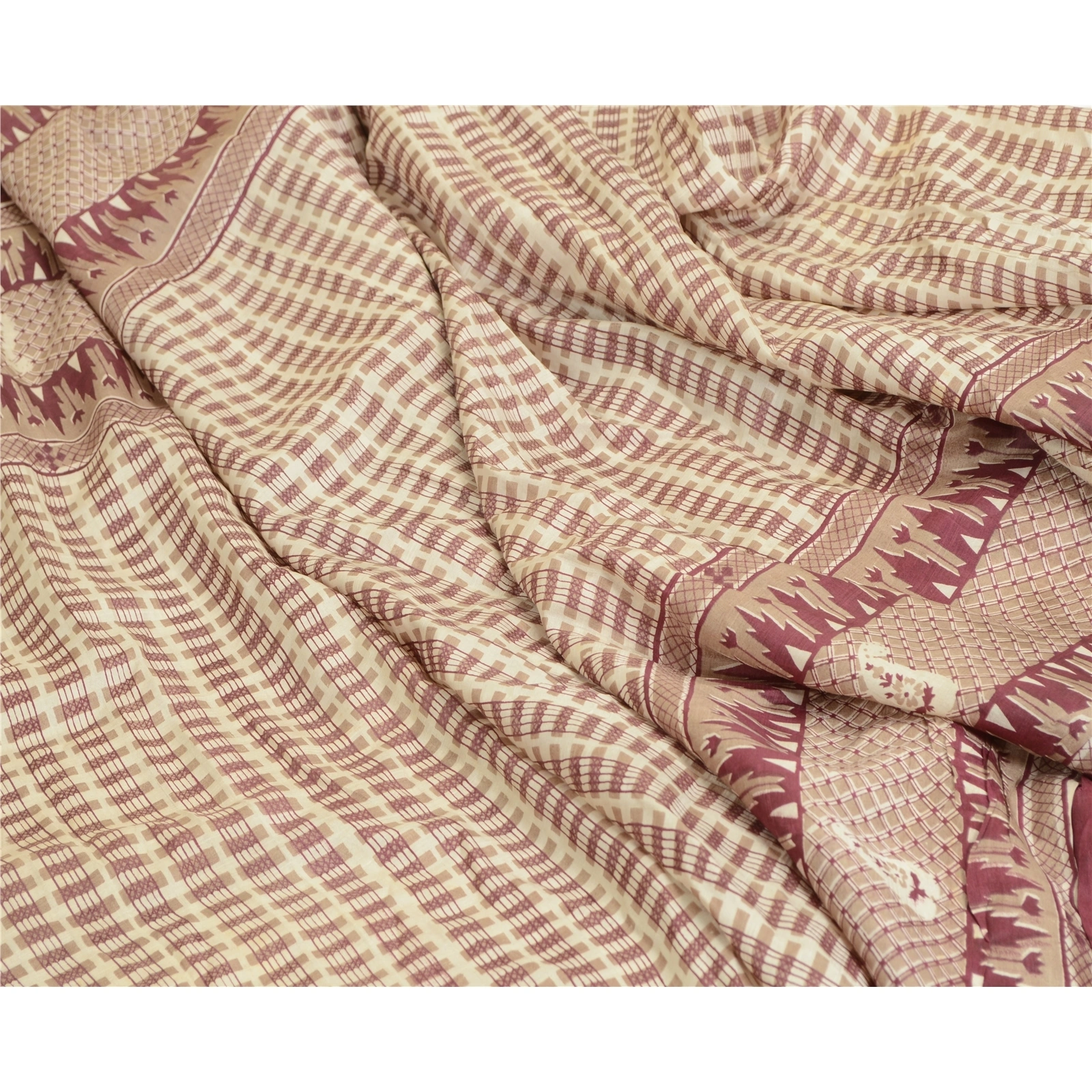 Sanskriti Vintage Sarees Indian Ivory Printed Pure Silk Sari Soft Craft Fabric, PR-64016-Ivory-Pure Silk-6