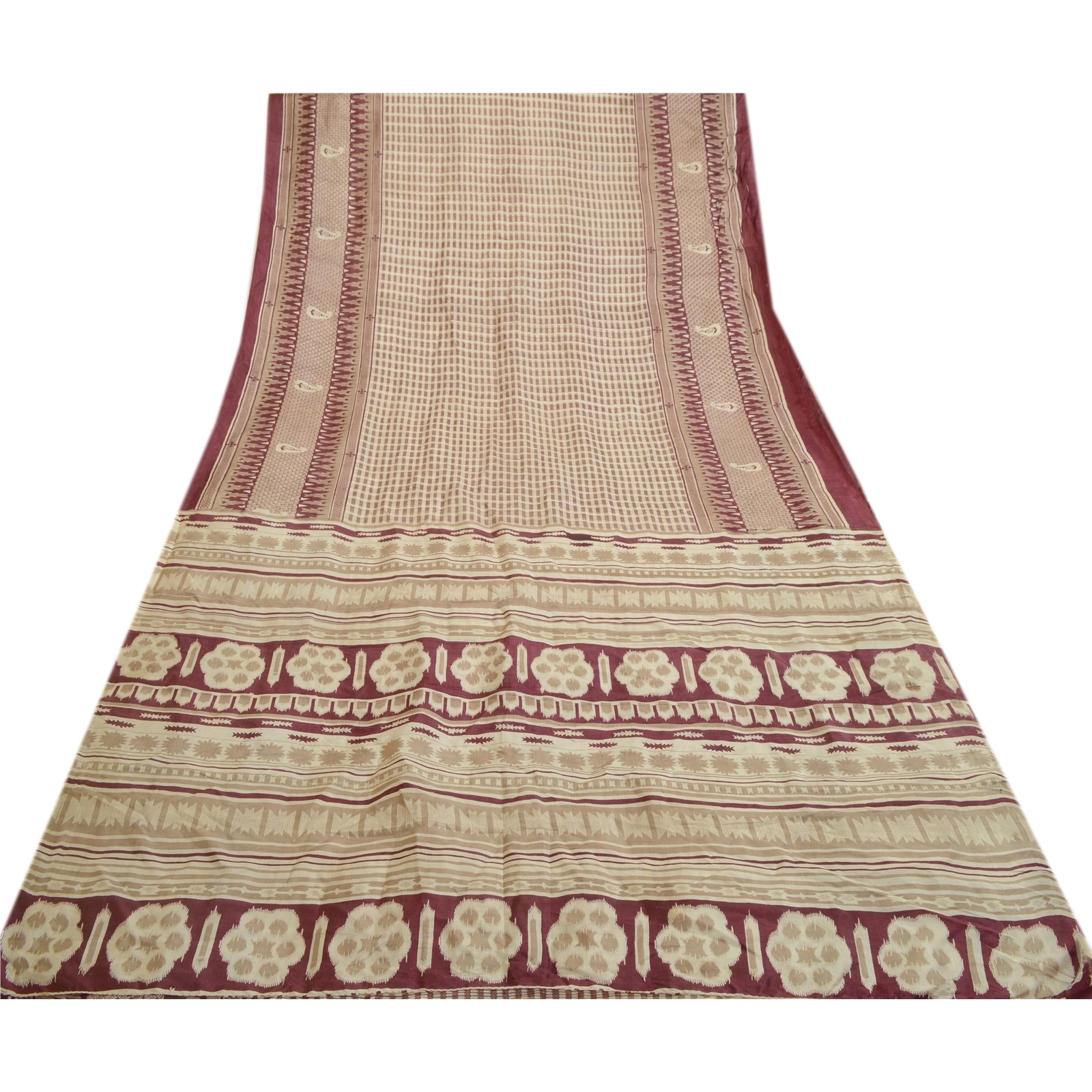 Sanskriti Vintage Sarees Indian Ivory Printed Pure Silk Sari Soft Craft Fabric, PR-64016-Ivory-Pure Silk-8