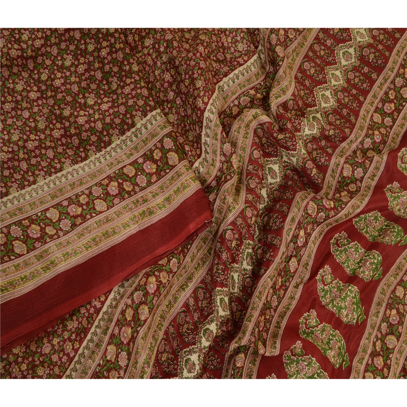 Sanskriti Vintage Sarees Dark Red Indian Printed Pure Silk Sari 5Yd Craft Fabric, PR-64018-Dark Red-Pure Silk-1