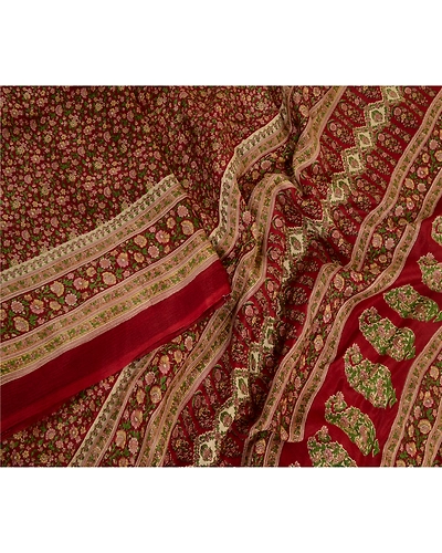 Sanskriti Vintage Sarees Dark Red Indian Printed Pure Silk Sari 5Yd Craft Fabric, PR-64018-Dark Red-Pure Silk-1