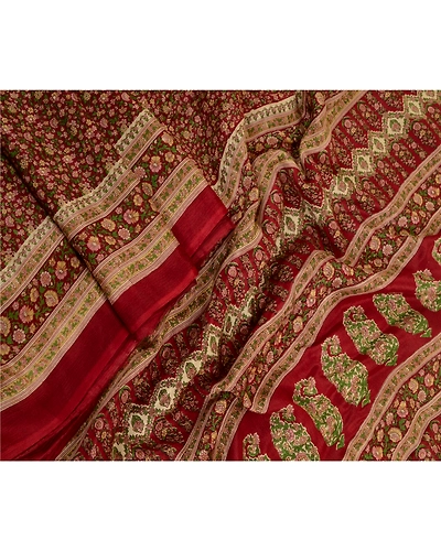 Sanskriti Vintage Sarees Dark Red Indian Printed Pure Silk Sari 5Yd Craft Fabric, PR-64018-Dark Red-Pure Silk-2
