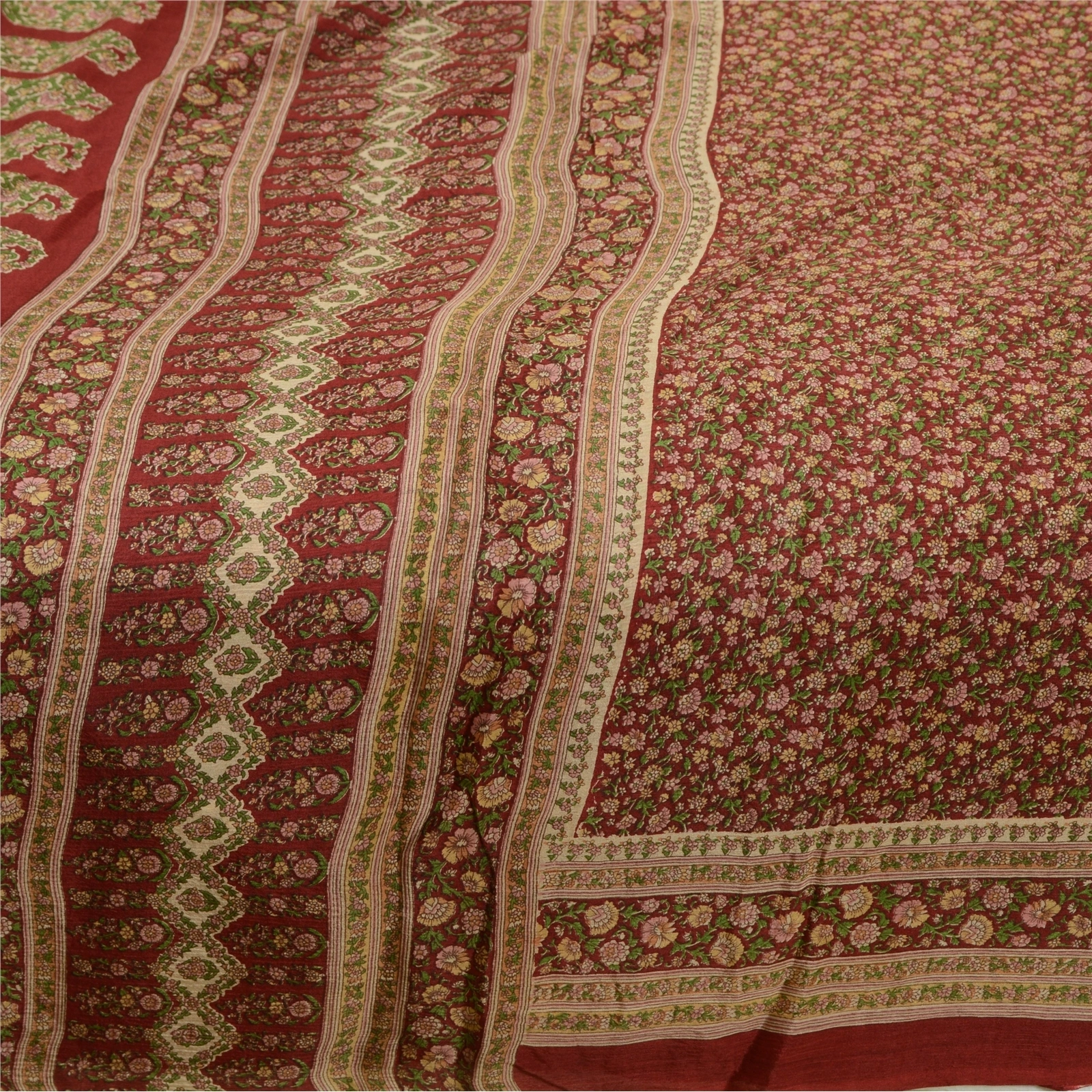 Sanskriti Vintage Sarees Dark Red Indian Printed Pure Silk Sari 5Yd Craft Fabric, PR-64018-Dark Red-Pure Silk-3