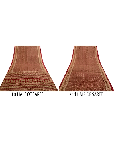 Sanskriti Vintage Sarees Dark Red Indian Printed Pure Silk Sari 5Yd Craft Fabric, PR-64018-Dark Red-Pure Silk-4