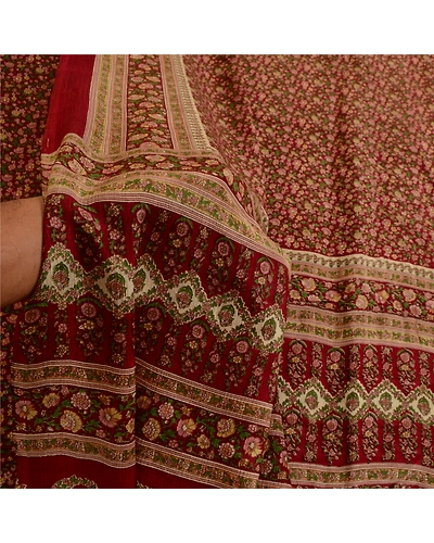 Sanskriti Vintage Sarees Dark Red Indian Printed Pure Silk Sari 5Yd Craft Fabric, PR-64018-Dark Red-Pure Silk-5