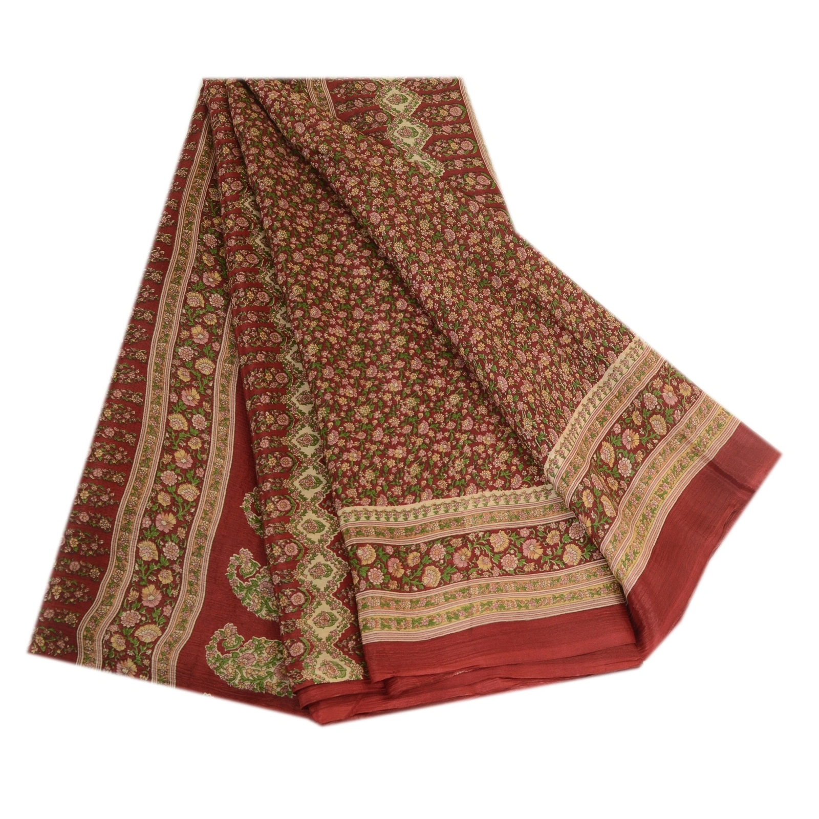 Sanskriti Vintage Sarees Dark Red Indian Printed Pure Silk Sari 5Yd Craft Fabric, PR-64018-Dark Red-Pure Silk-6