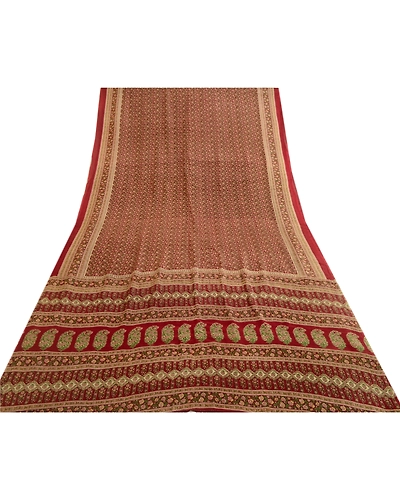 Sanskriti Vintage Sarees Dark Red Indian Printed Pure Silk Sari 5Yd Craft Fabric, PR-64018-Dark Red-Pure Silk-7