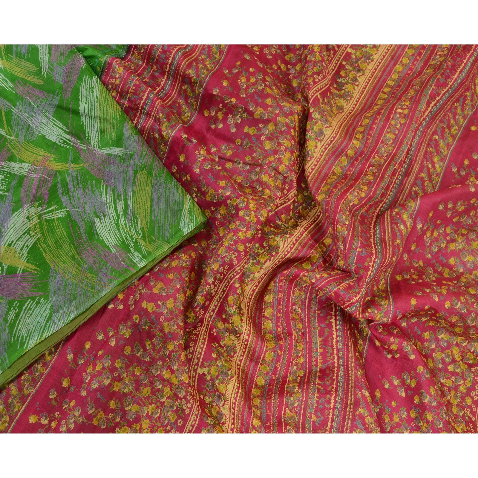 Sanskriti Vintage Sarees Indian Green 100% Pure Silk Printed Sari Craft Fabric, PR-64030-Green-Pure Silk-2