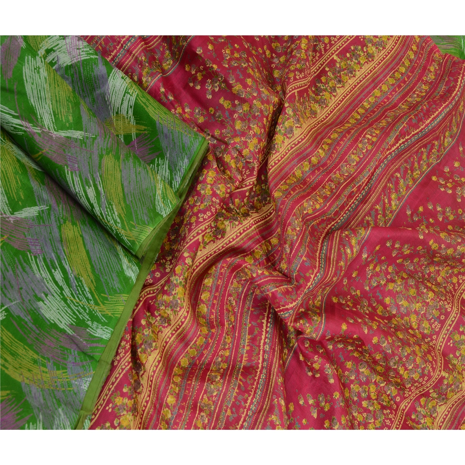 Sanskriti Vintage Sarees Indian Green 100% Pure Silk Printed Sari Craft Fabric, PR-64030-Green-Pure Silk-3